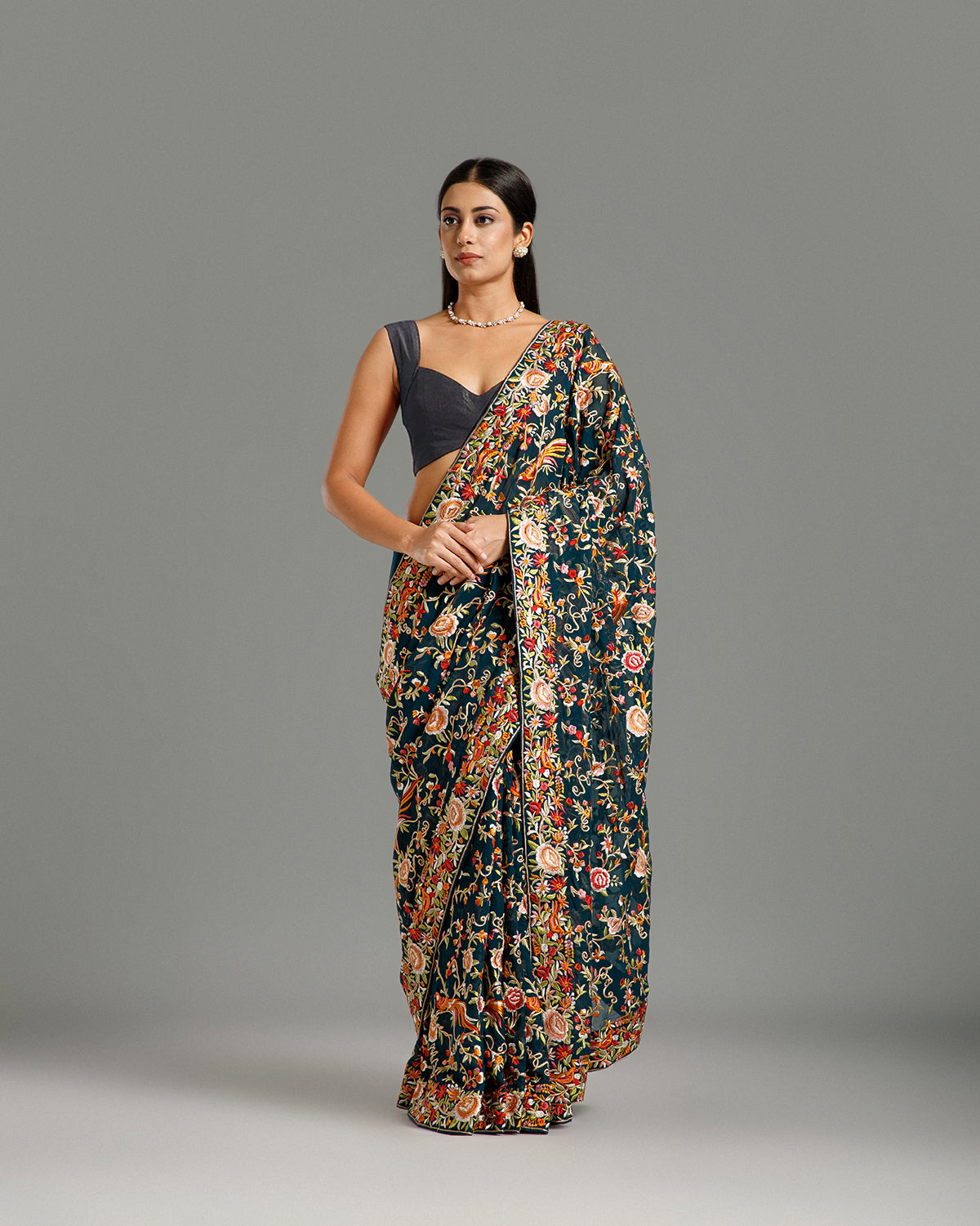 Peacock Georgette Saree with Parsi Resham Work