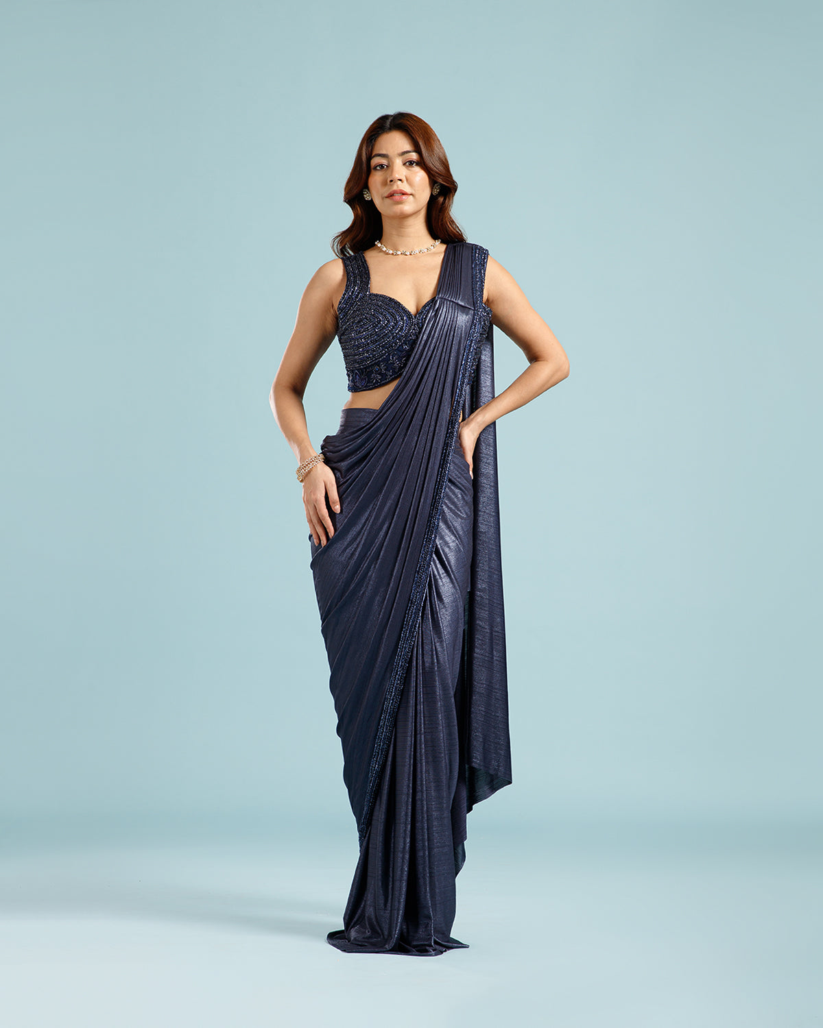 Navy Blue Lycra Drape Saree with Hand Work - House of Surya