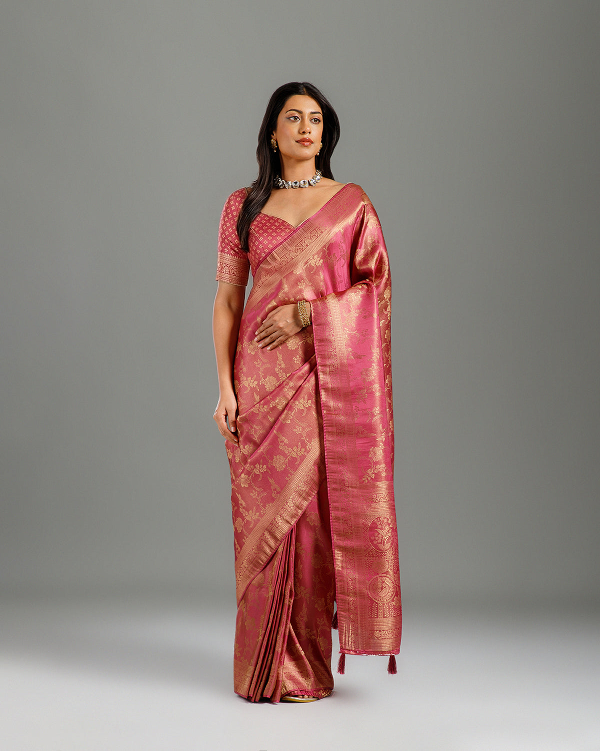 Onion Pink Tissue Silk Saree with Rich Weaving Design