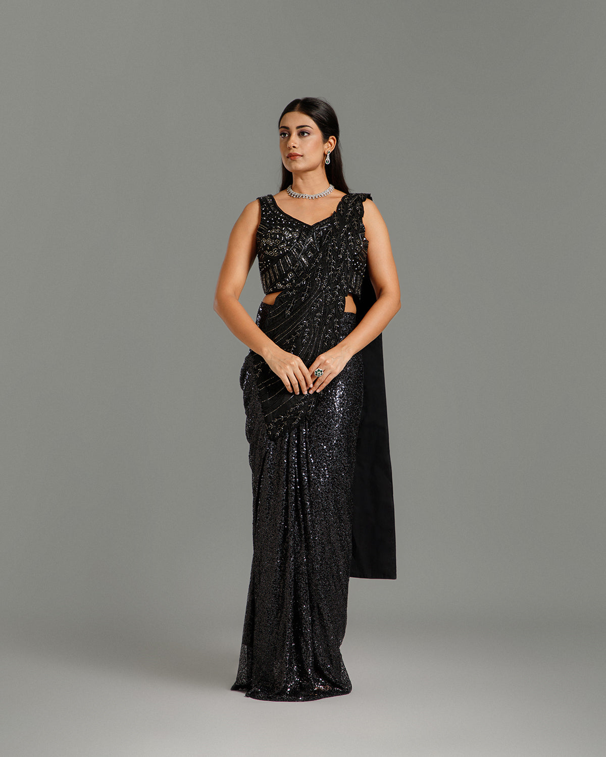 Black Sandley Saree with Beads, Nulki & Sequin Work