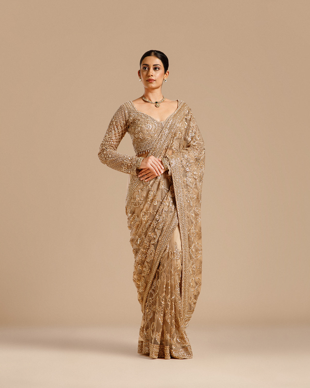 Chiku Net Saree with Nulki & Sequin Work