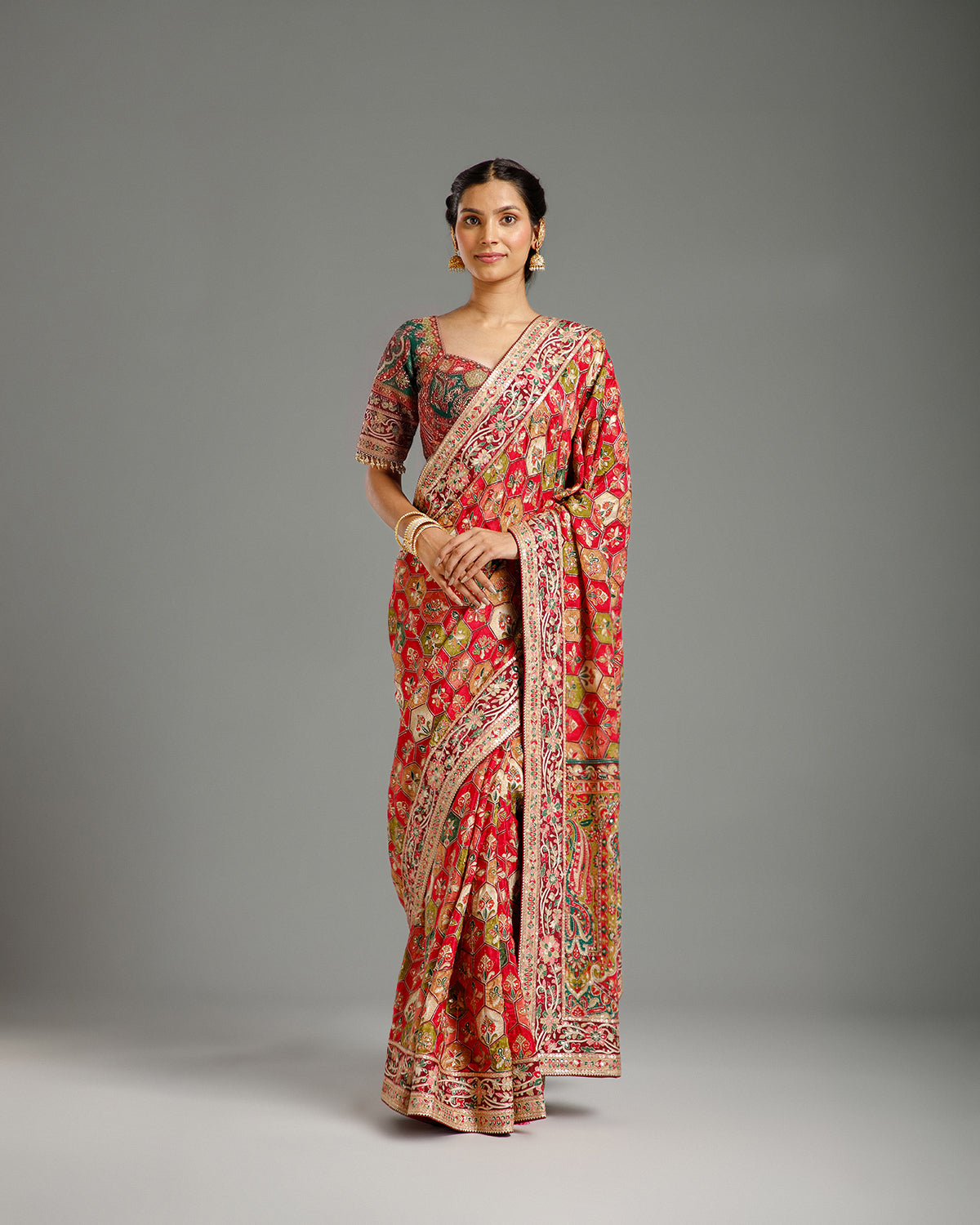 Multi Green Crape Silk Saree with Zari & Sequin Work