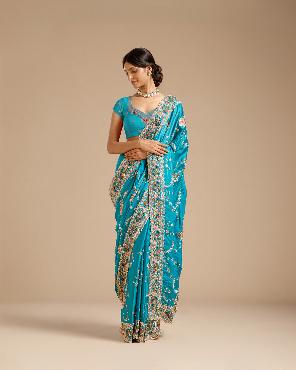 Firozi Satin Organza Saree with Beads, Nulki, Sequin, Moti, Resham & Zari Work