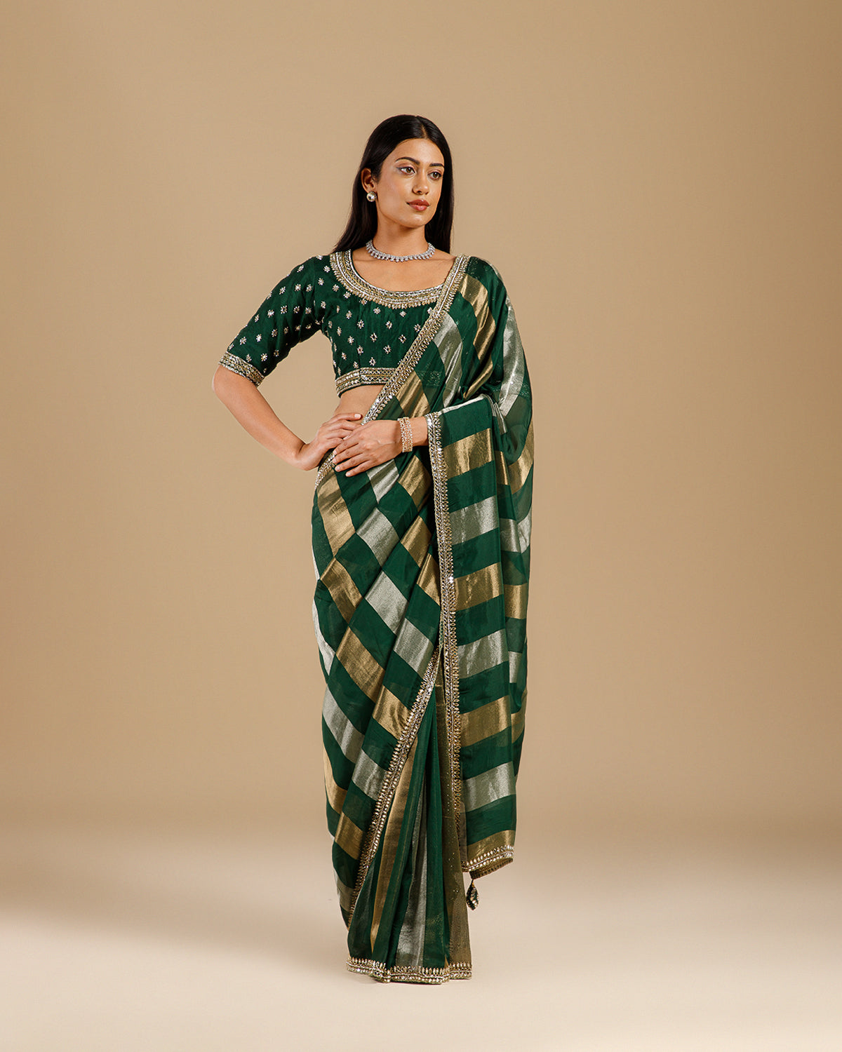 Green Tissue Organza Saree with Kundan & Sequence Work - House of Surya
