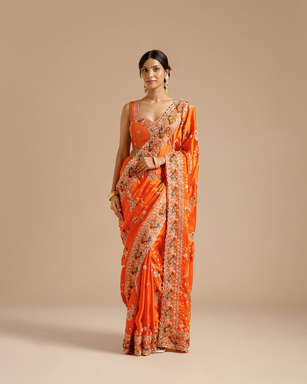 Orange Satin Organza Saree with Beads, Nulki, Sequin, Moti, Resham & Zari Work