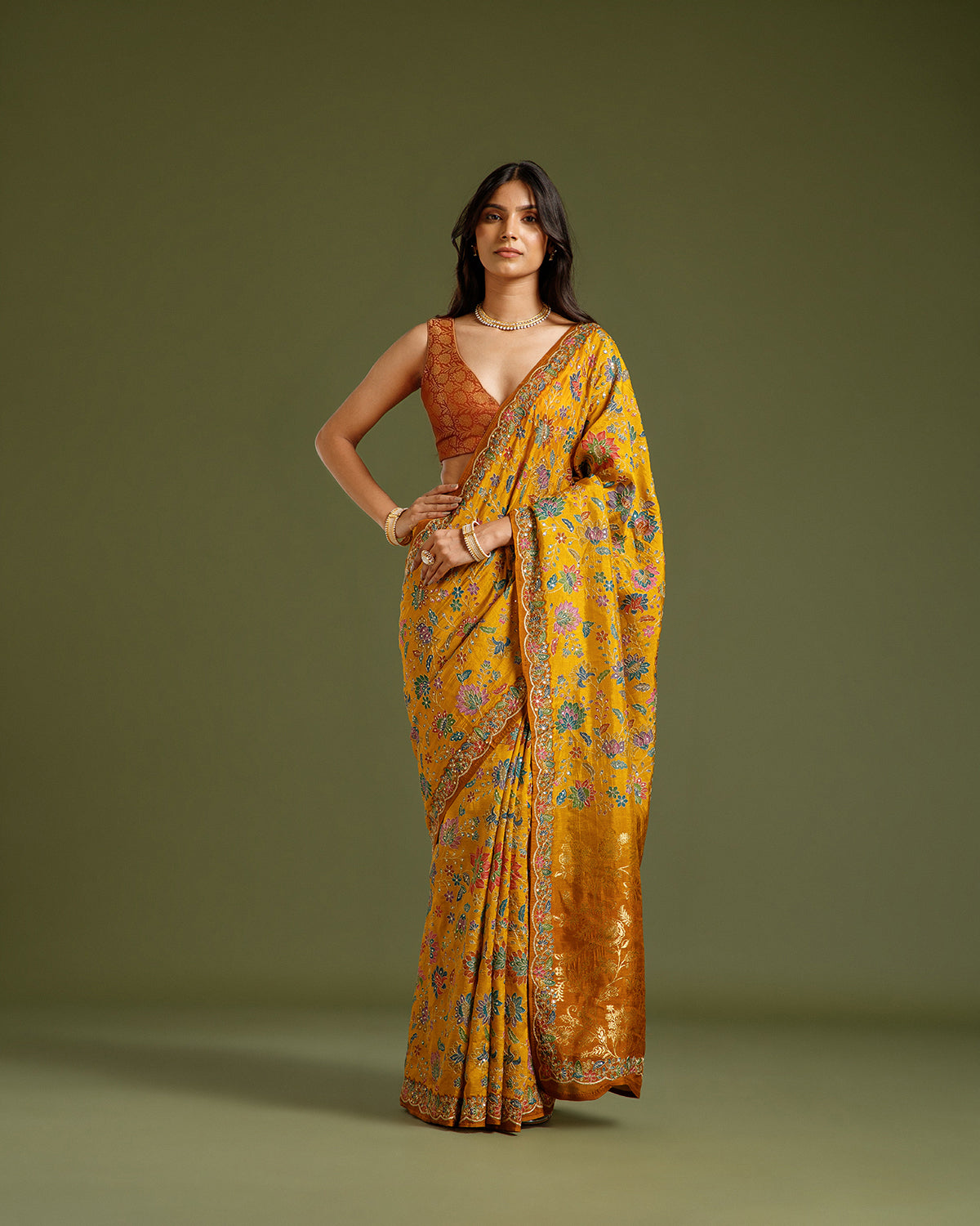 Mustard Maheshwari Silk Saree with Zari & Sequin Work