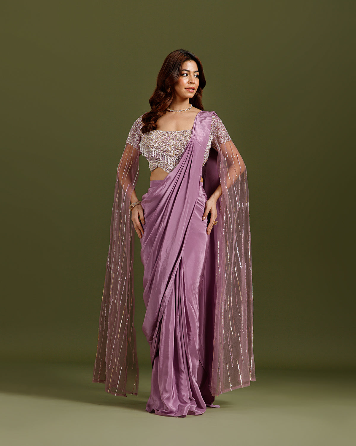 Mauve Crepe Drape Saree with Hand Work - House of Surya