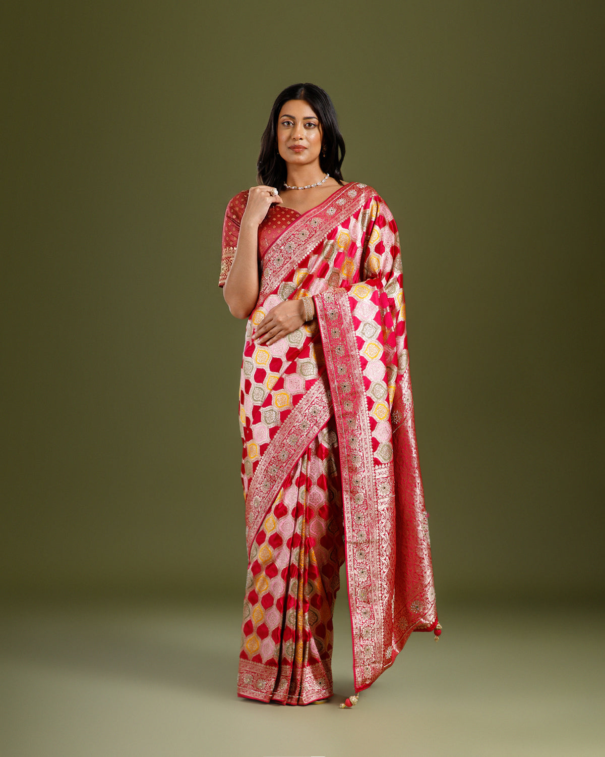 Rani Pink Dola Silk Saree with Resham Weave for Women - House of Surya