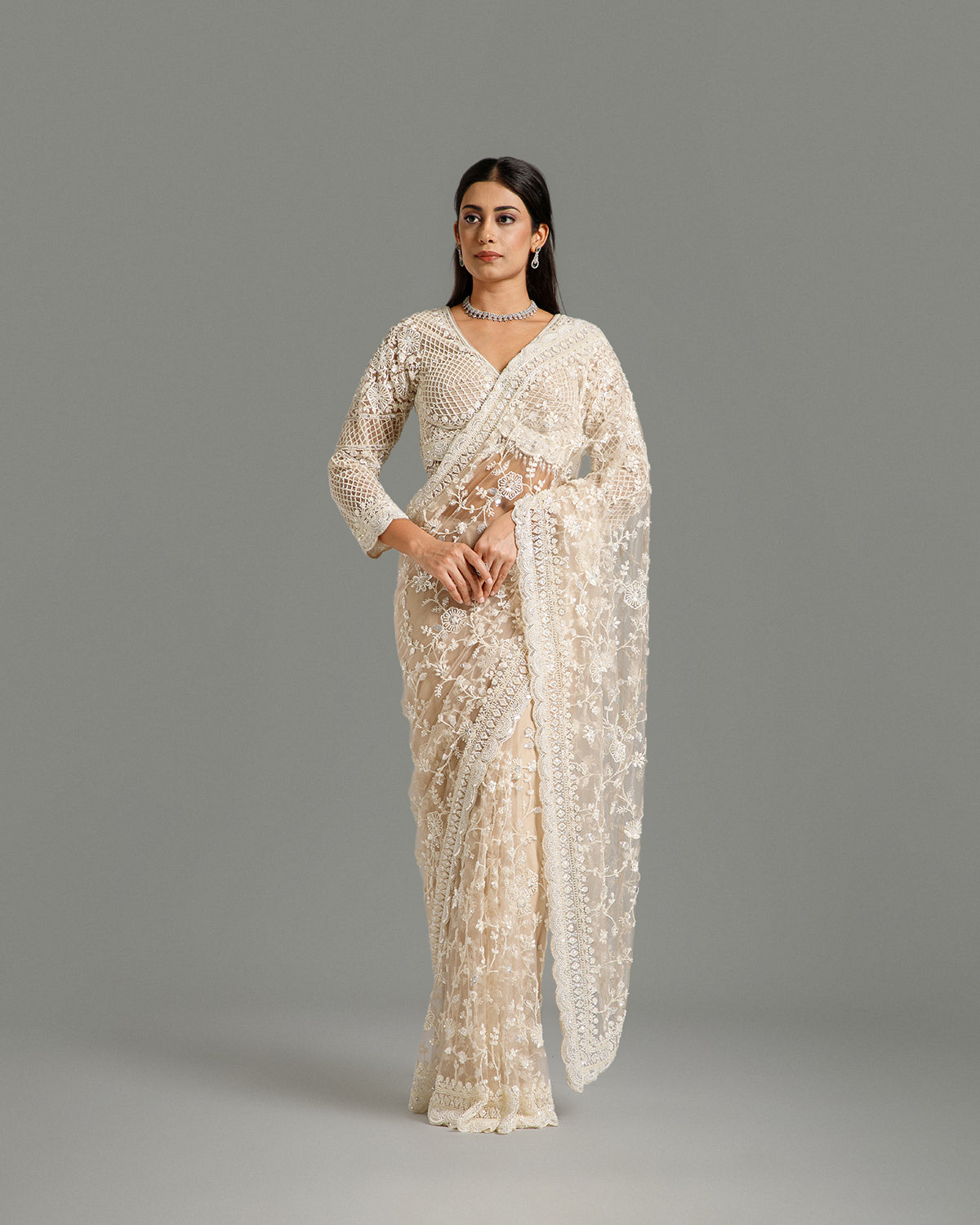 Beige Net Saree with Beads, Nulki, Sequin, Resham & Moti Work