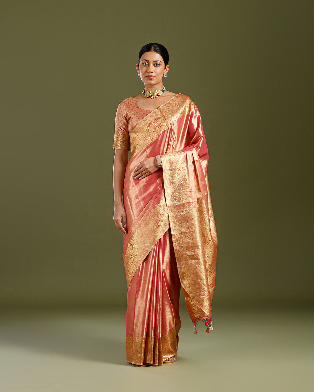 Gajari Tissue Kanjivaram Saree with Rich Zari Weave - House of Surya
