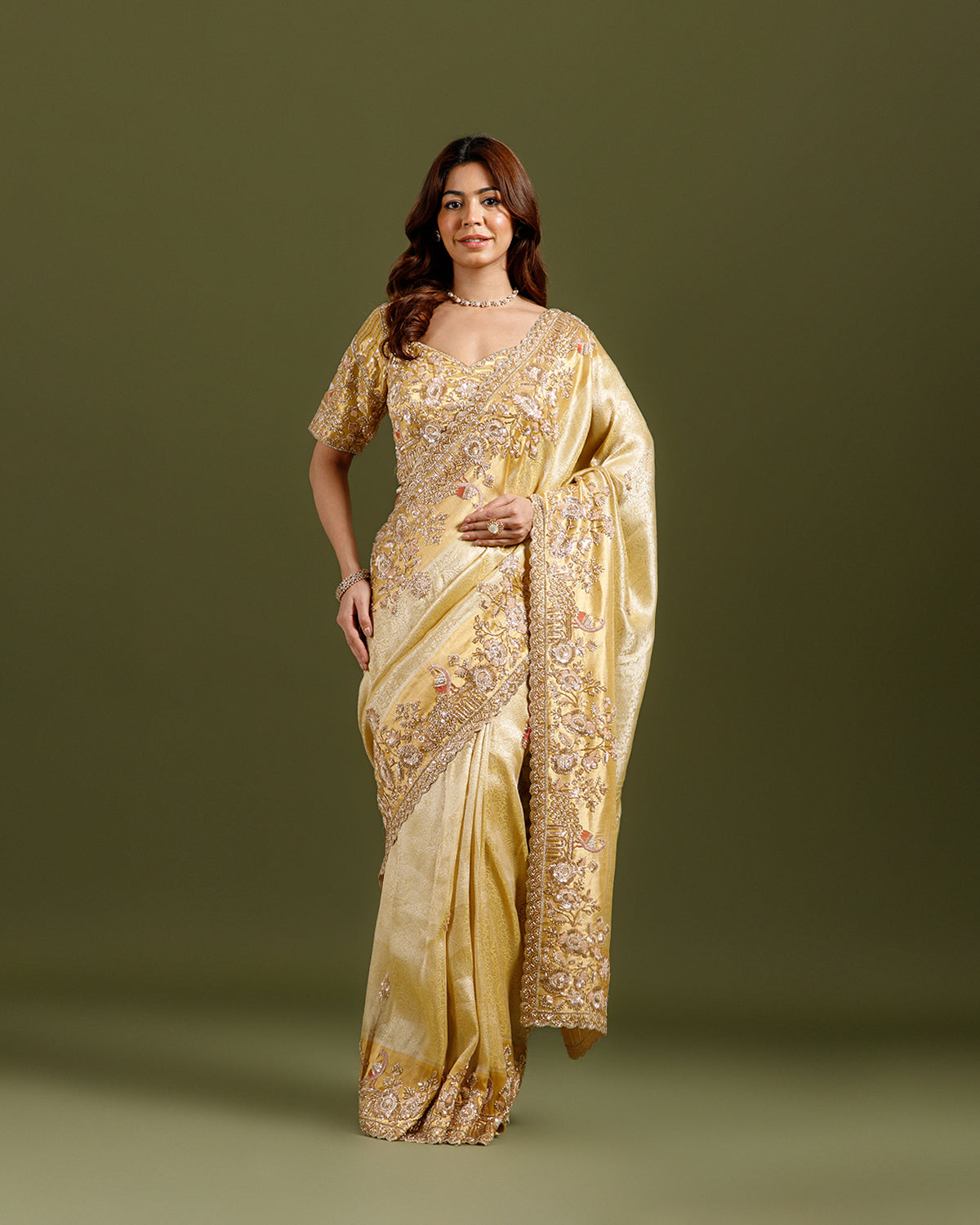 Party wear Ivory Banarasi Tissue Silk Saree with Sequence & Cutdana Work - House of Surya