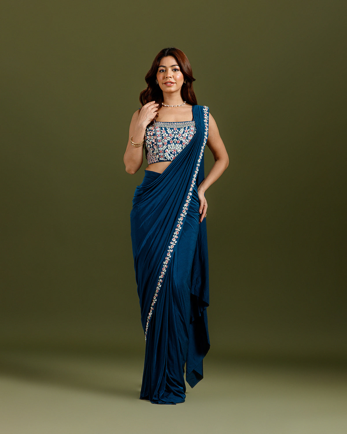 Blue Lycra Drape Saree with Hand Work - House of Surya