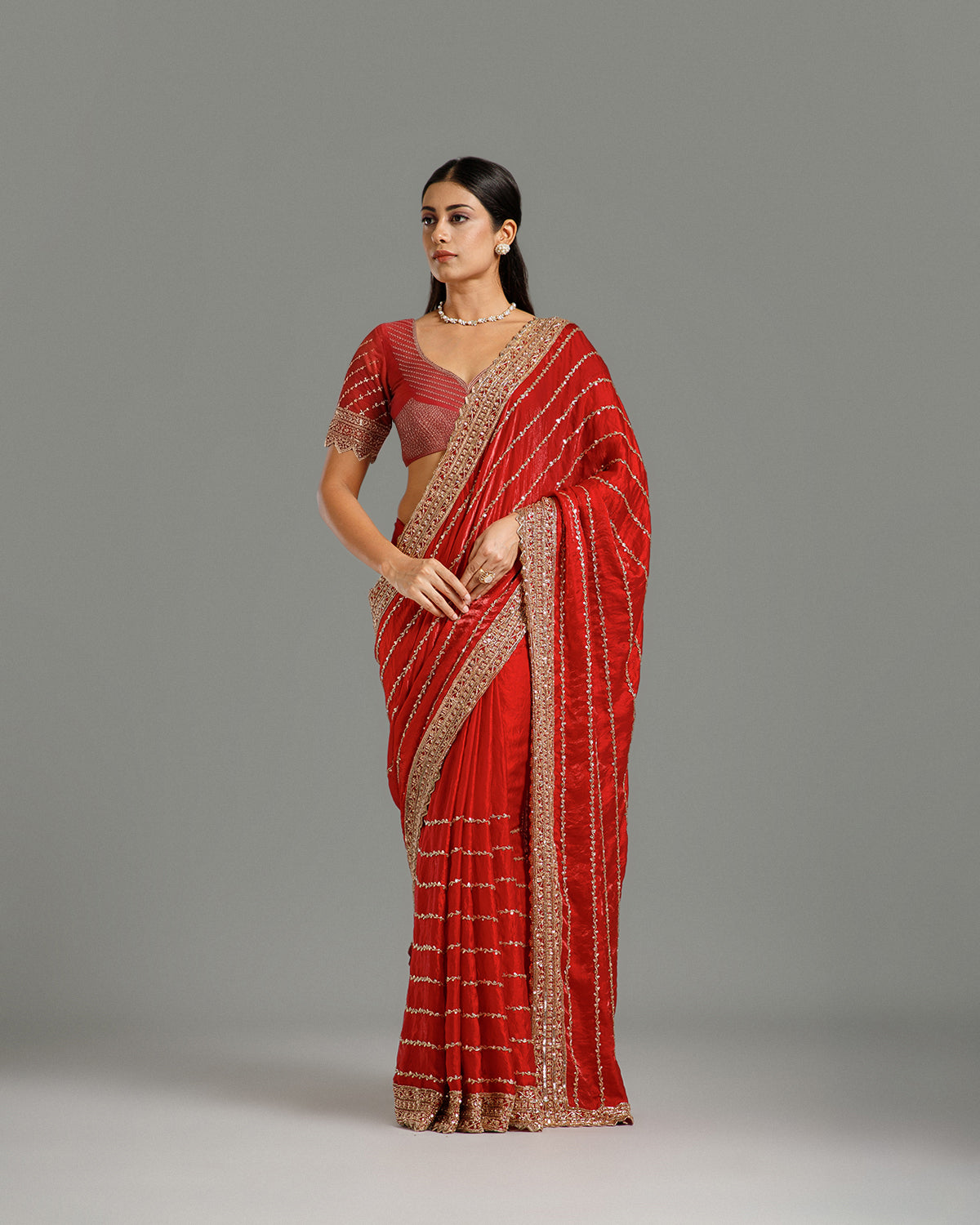 Red Fendi Organza Saree with Beads, Nulki & Sequin Work