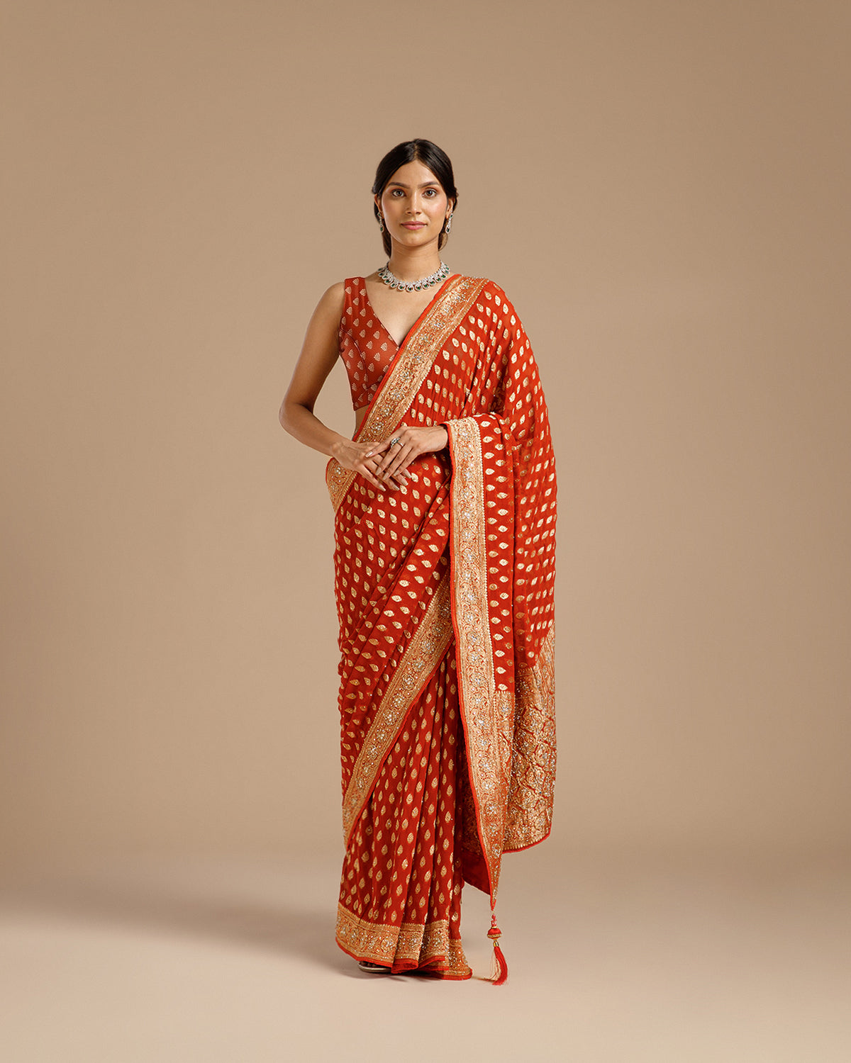 Rust Georgette Saree with Dabka, Nulki, Mirror & Kundan Work