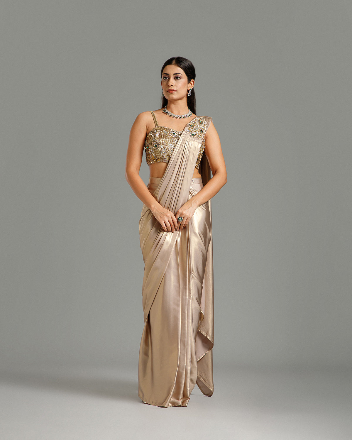 Golden Lycra Saree with Cutdana Work