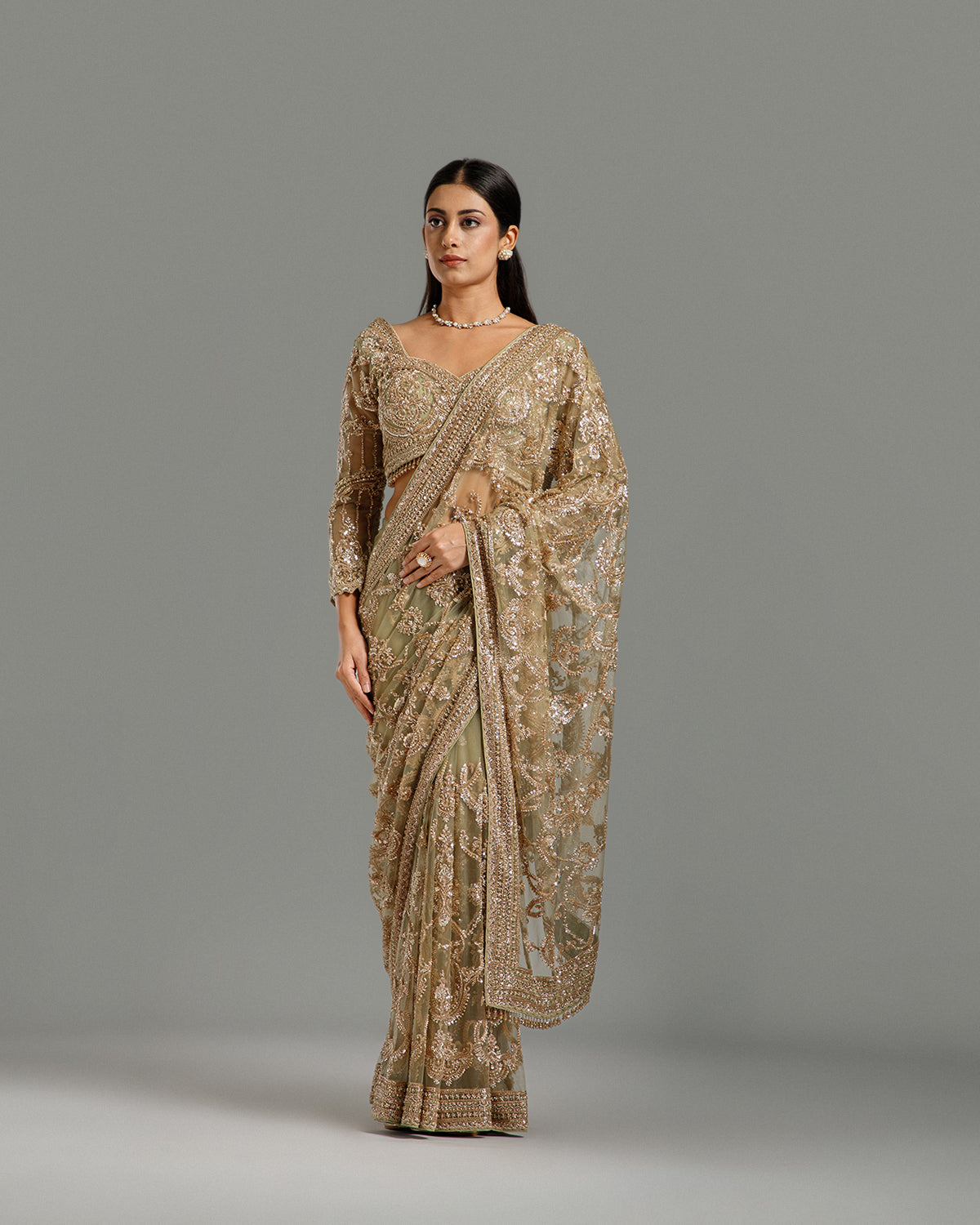 Pista Green Net Saree with Nulki & Sequin Work