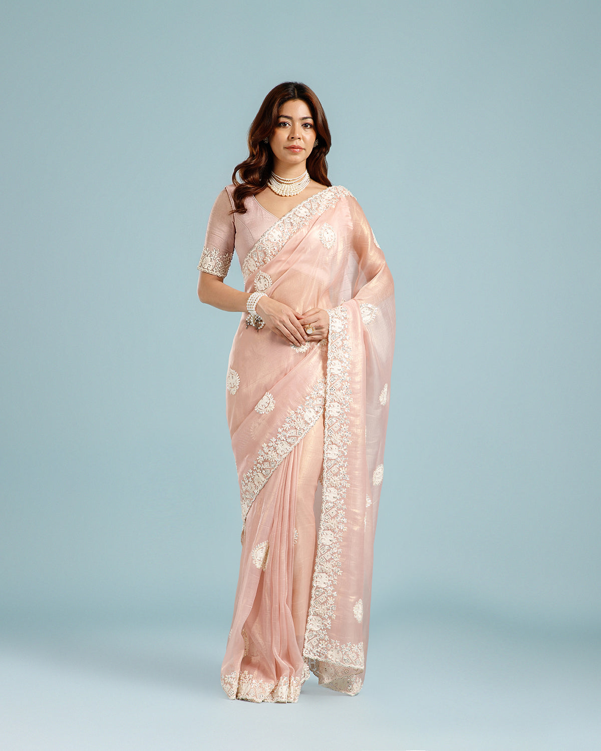 Light Pink Crush Tissue Saree with Resham, Sequence & Bead Work - House of Surya