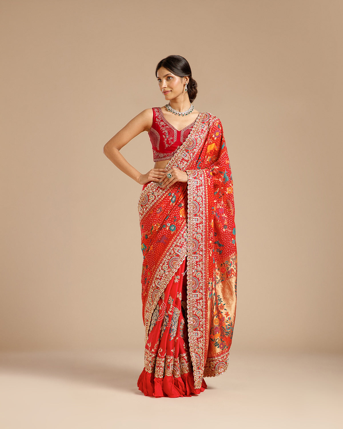 Rani Georgette Saree with Satin Organza, Beads, Nulki, Dori, Moti & Sequin Work