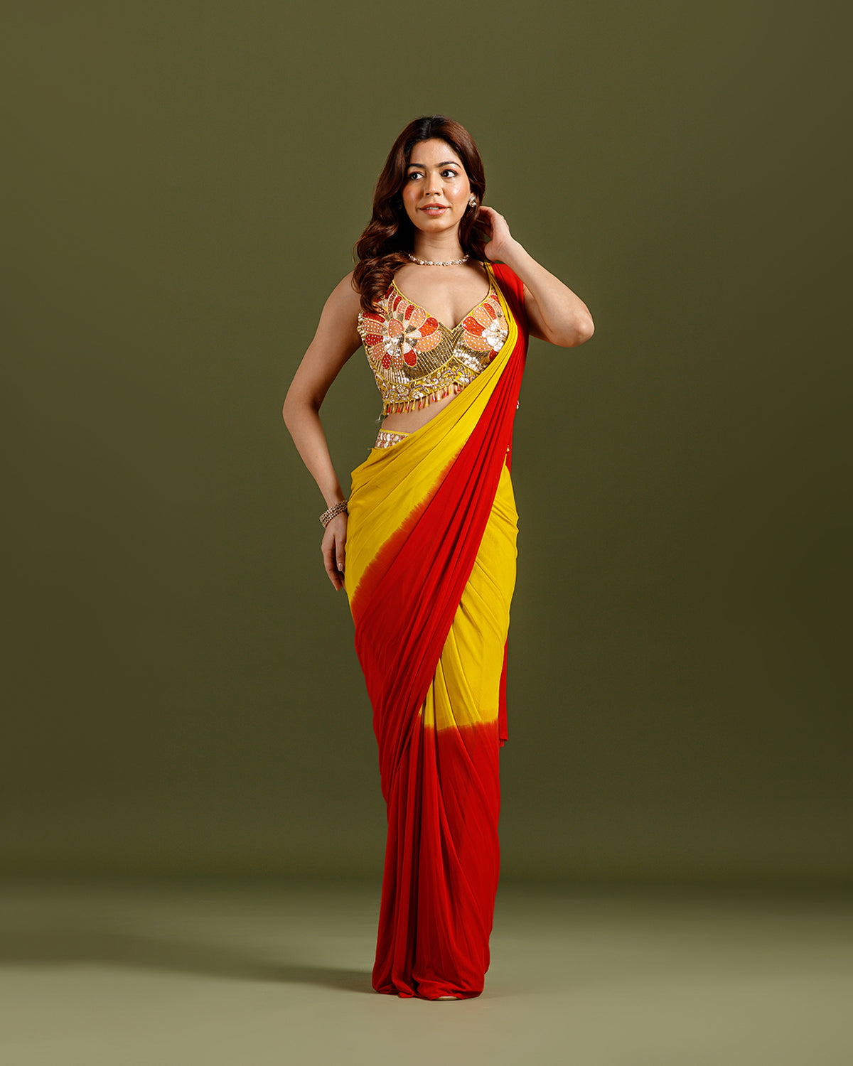 Yellow Lycra Drape Saree with Hand Work - House of Surya