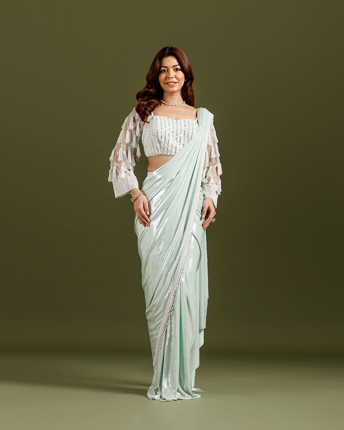 Pista Lycra Drape Saree with Hand Work - House of Surya