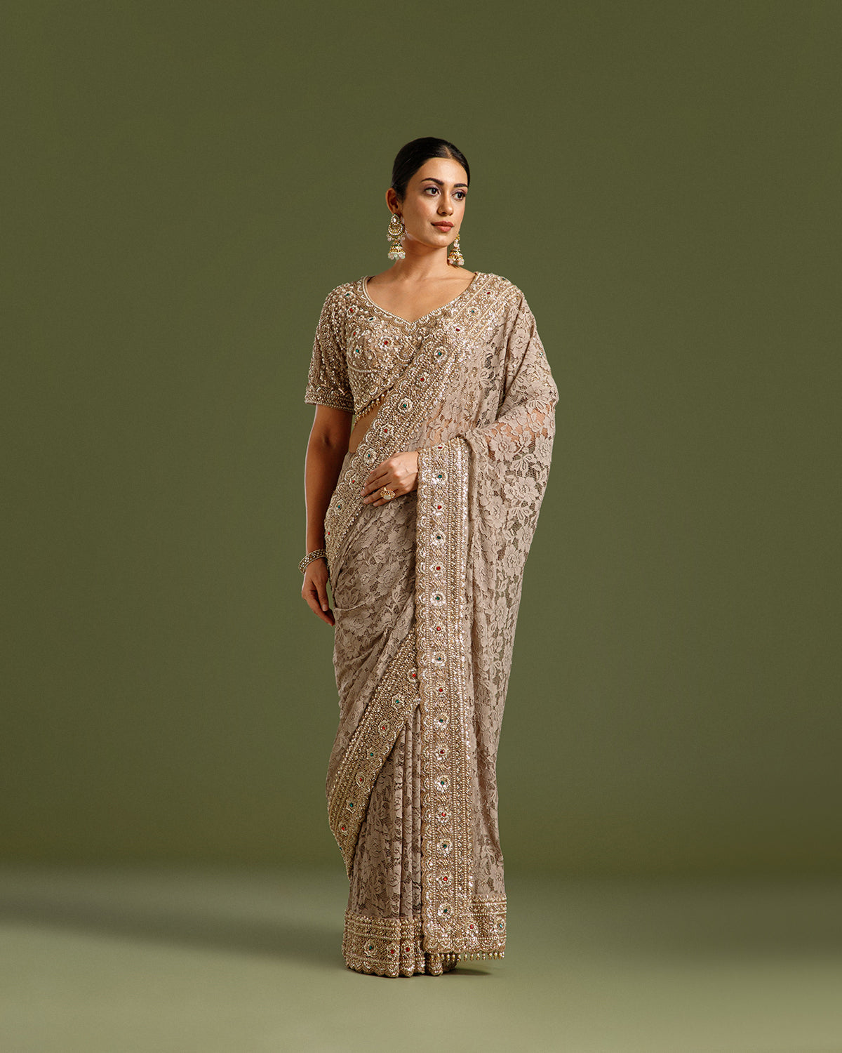 Elegant Ash Sandley Saree with Kundan & Sequin Work