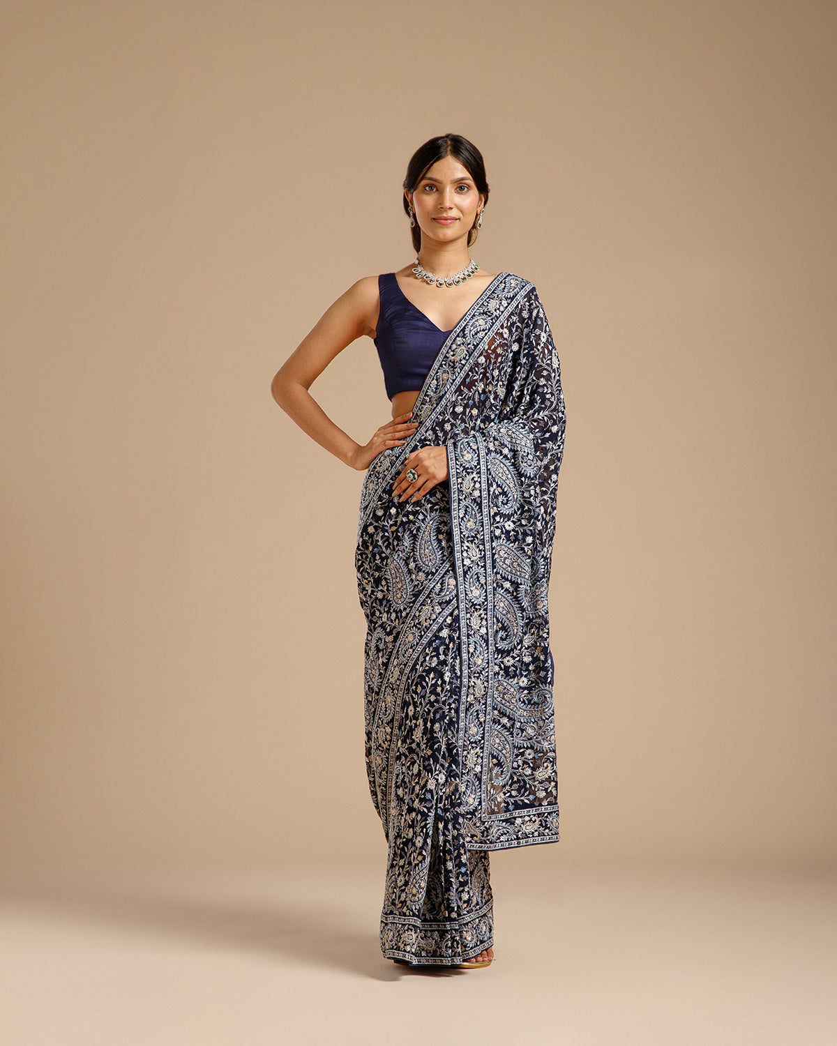 Navy Blue Georgette Saree with Resham & Nulki Work
