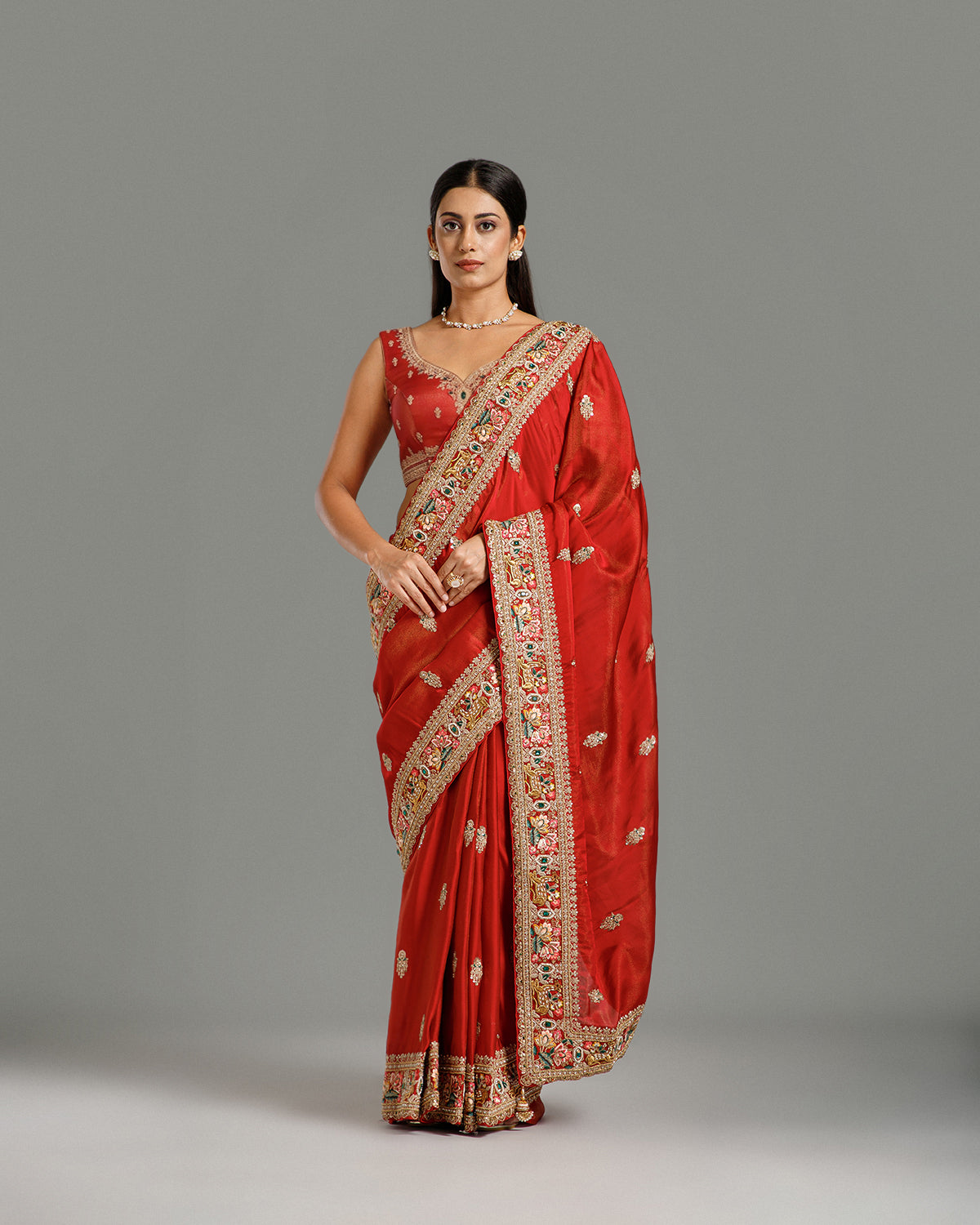 Maroon Satin Organza Saree with Resham, Beads, Sequin & Pearl Work
