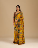 Yellow Crepe Saree with Intricate Kantha Work - House of Surya