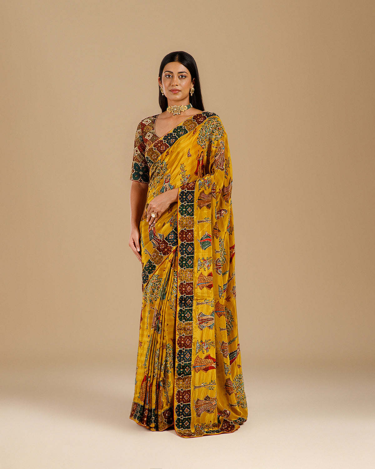 Yellow Crepe Saree with Intricate Kantha Work - House of Surya