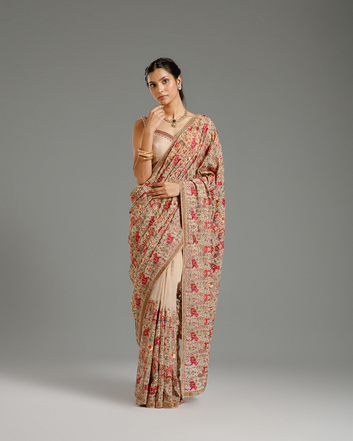 Beige Georgette Saree with Resham & Stone Work