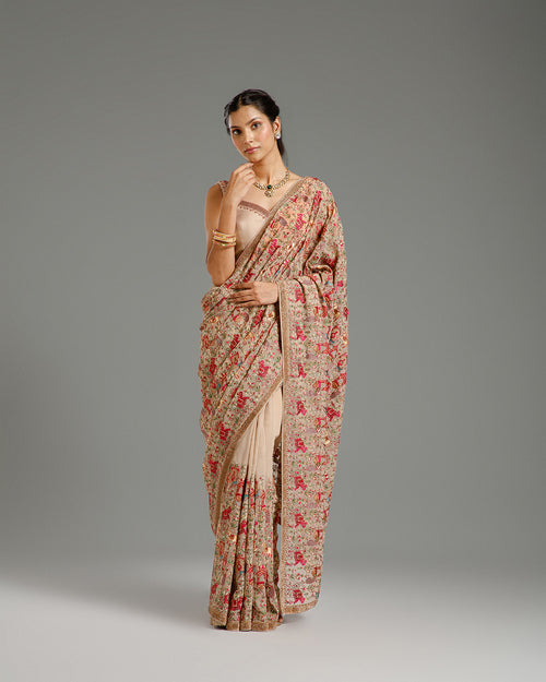 Beige Georgette Saree with Resham & Stone Work