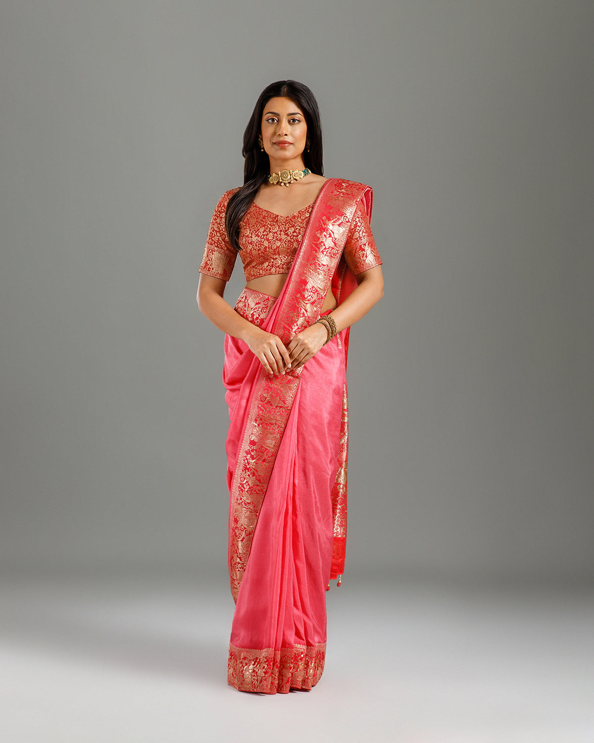 Gajari Dola Silk Saree with Palla & Border Weaving - House of Surya