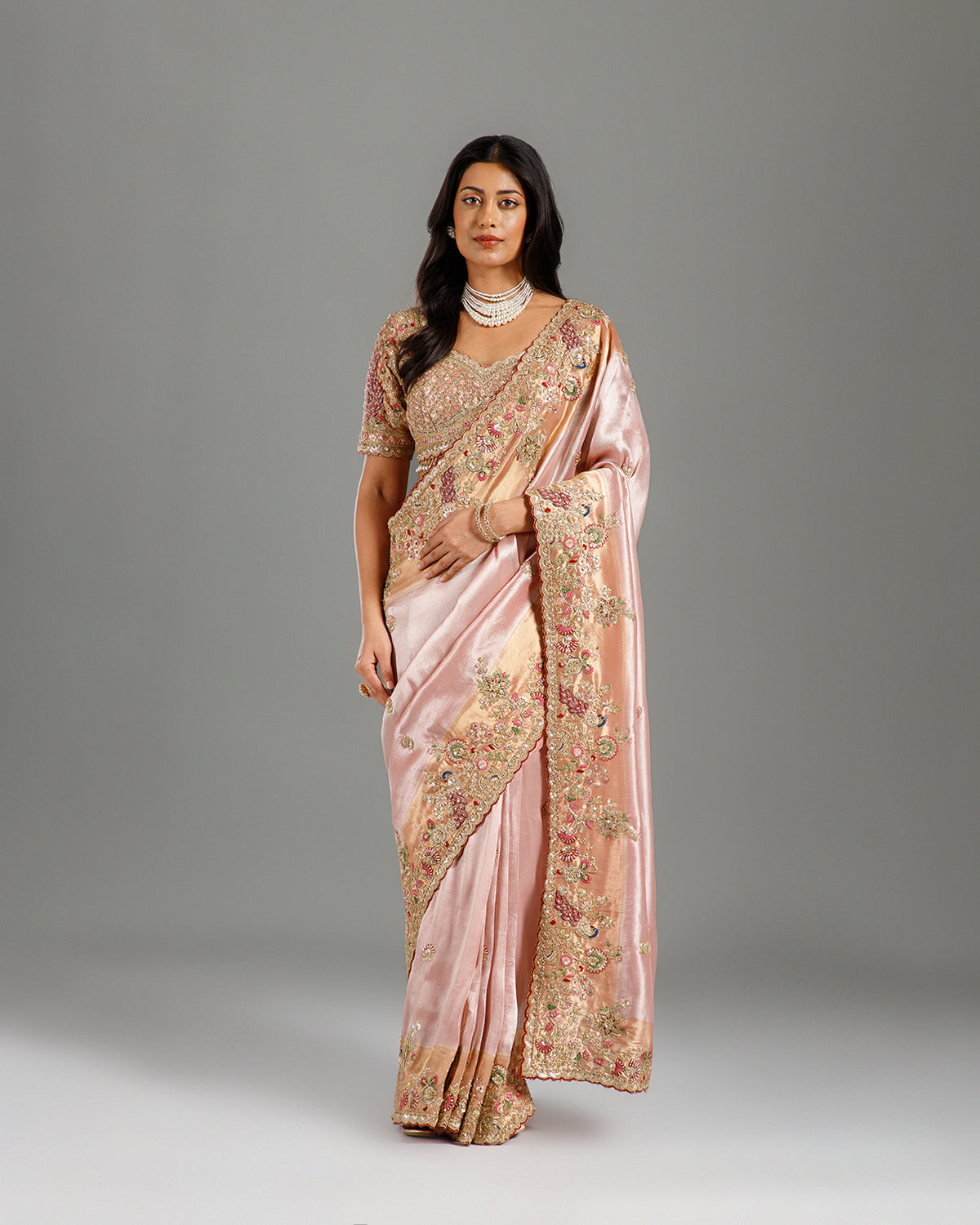 Pink Crepe Tissue Saree with Sequence, Resham, Zardozi & Cutdana Work - House of Surya