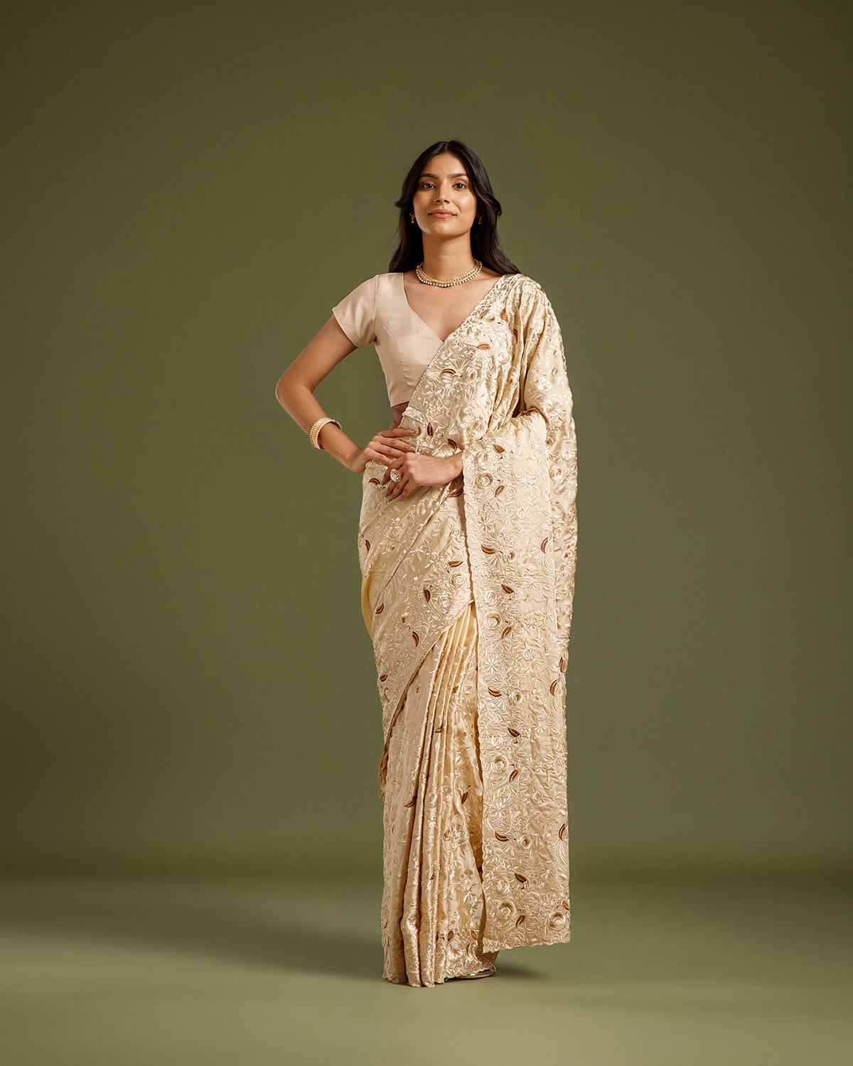 Cream Crape Silk Saree with Parsi Resham Work