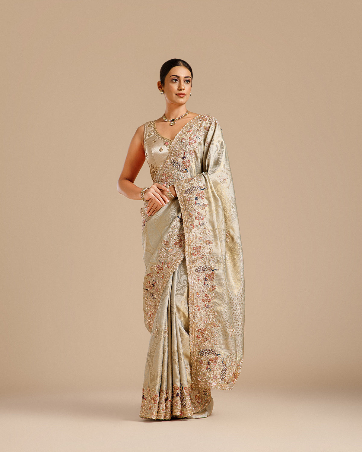 Green Tissue Silk Saree with Resham, Dabka, Nulki & Sequin Work