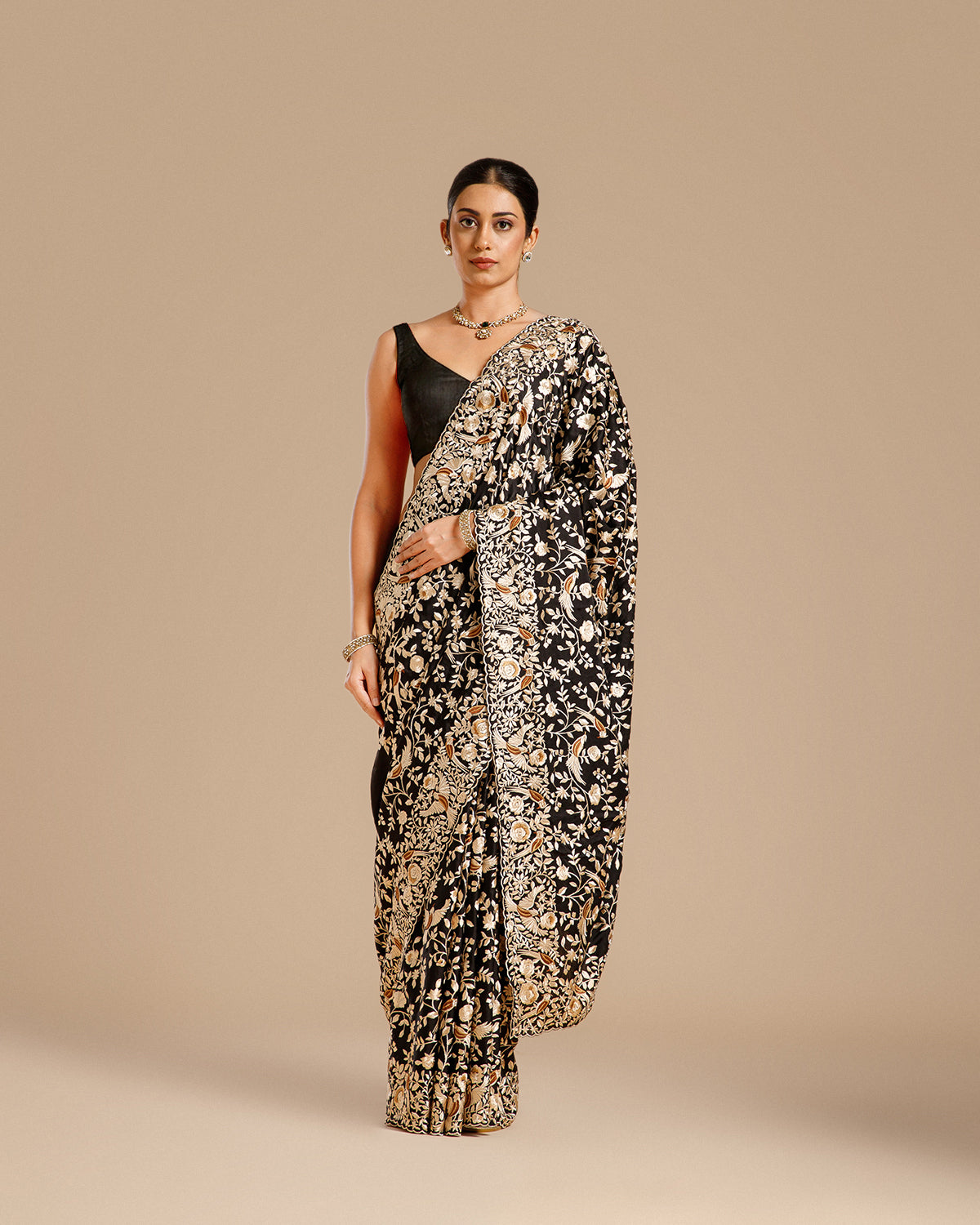 Black Organza Silk Saree with Parsi Resham Work