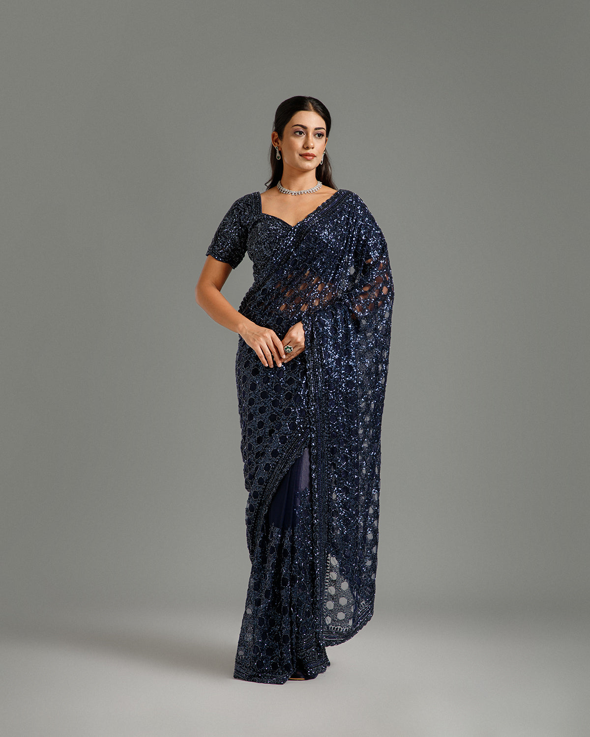 Navy Blue Net Saree with Beads, Nulki & Sequin Work