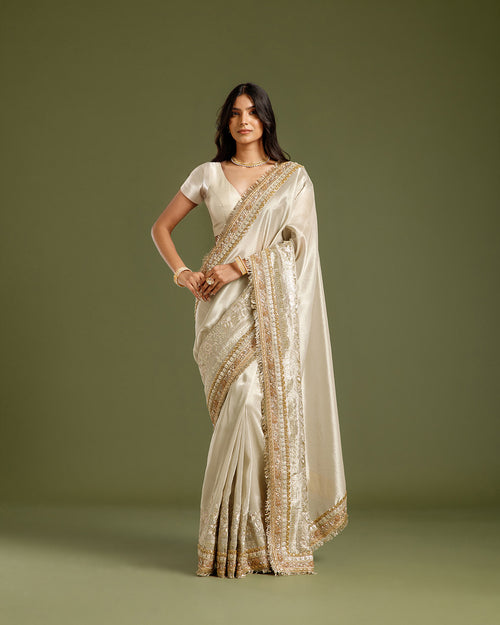 Beige Gold Tissue Organza Saree with Beads, Nulki, Gota Patti, Dori & Zari Work