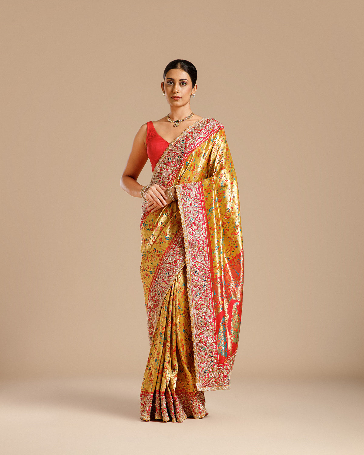 Mustard Gold Silk Saree with Resham, Pearl & Nulki Work