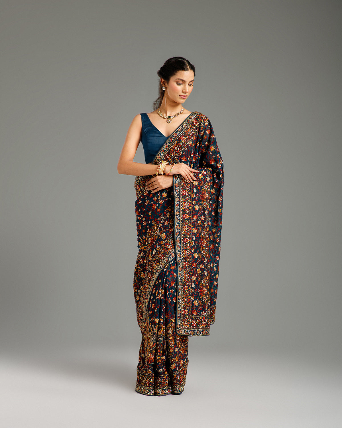 Peacock Green Georgette Saree with Beads, Nulki, Resham & Stone Work