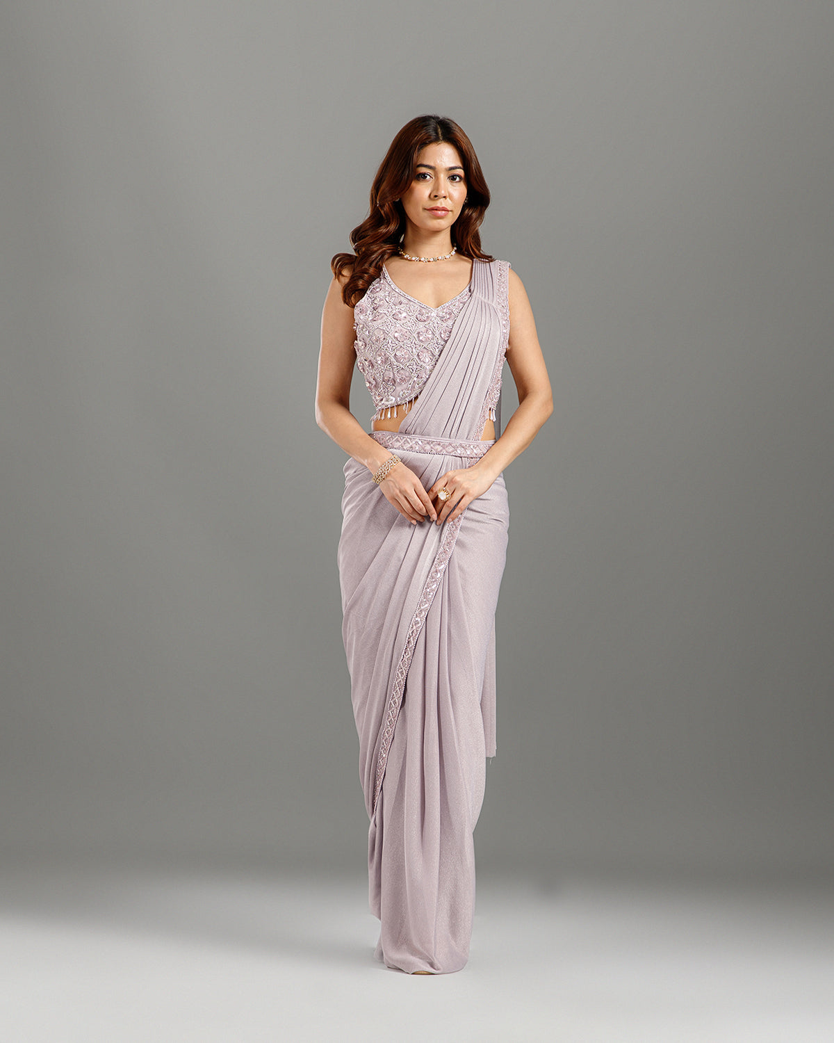 Mauve Lycra Drape Saree with Hand Work - House of Surya