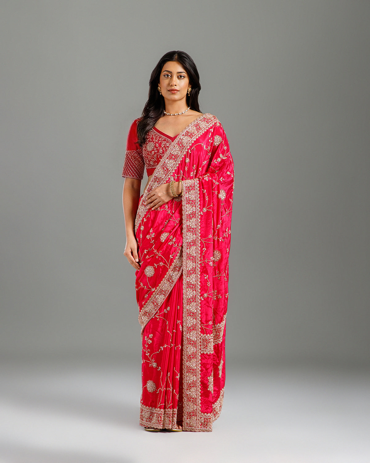 Rani Satin Crepe Saree with Beads, Sequence & Cutdana Work - House of Surya