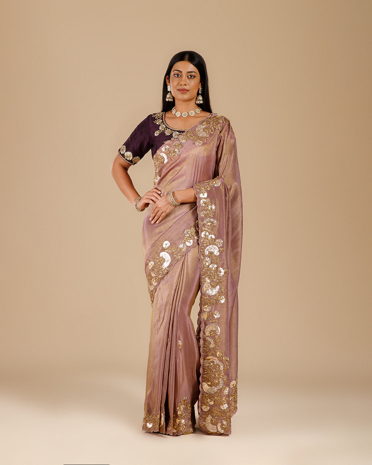 Dusty Mauve Tissue Georgette Saree with Gota Patti & Sequin Work - House of Surya