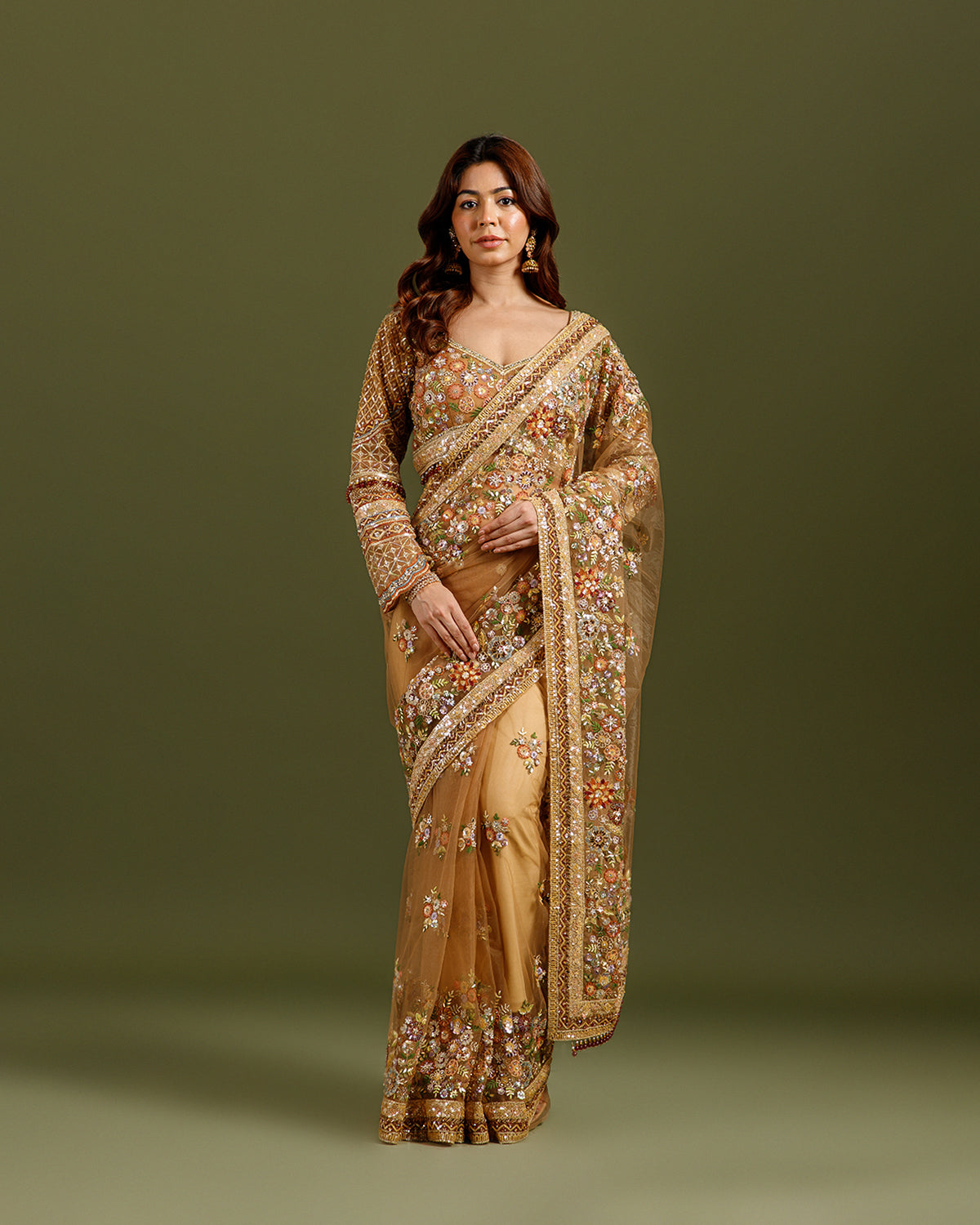 Golden Net Saree with Resham & Sequence Work - House of Surya