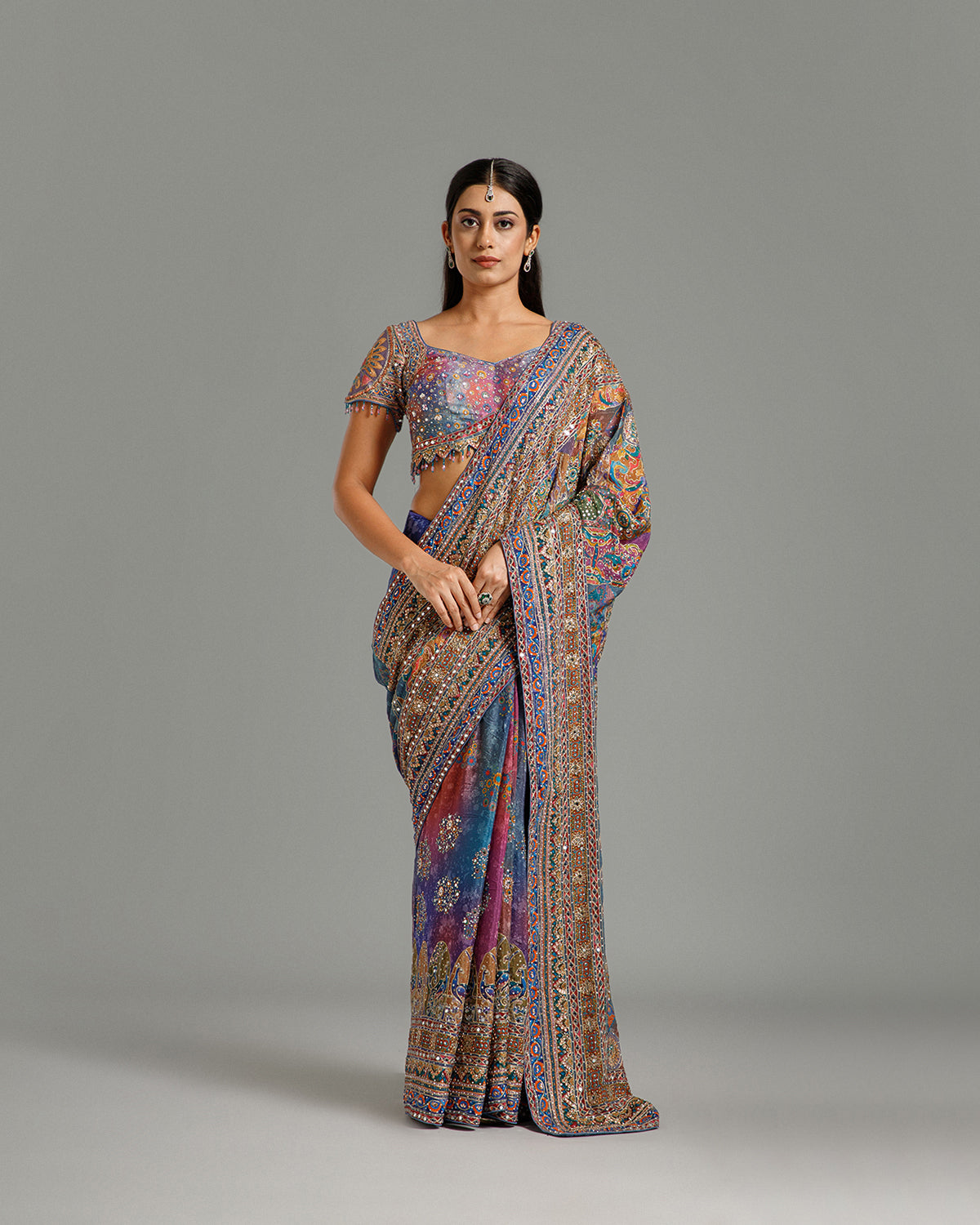 Multi Blue Chinon Crepe Saree
