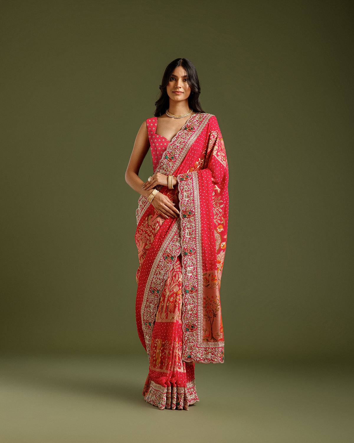 Rani Georgette Saree with Dori, Nulki, Resham, Moti & Meenakari Work