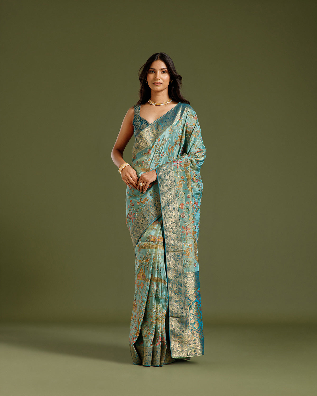 Pista Green Georgette Saree with Zari, Sequin & Zari Weaving