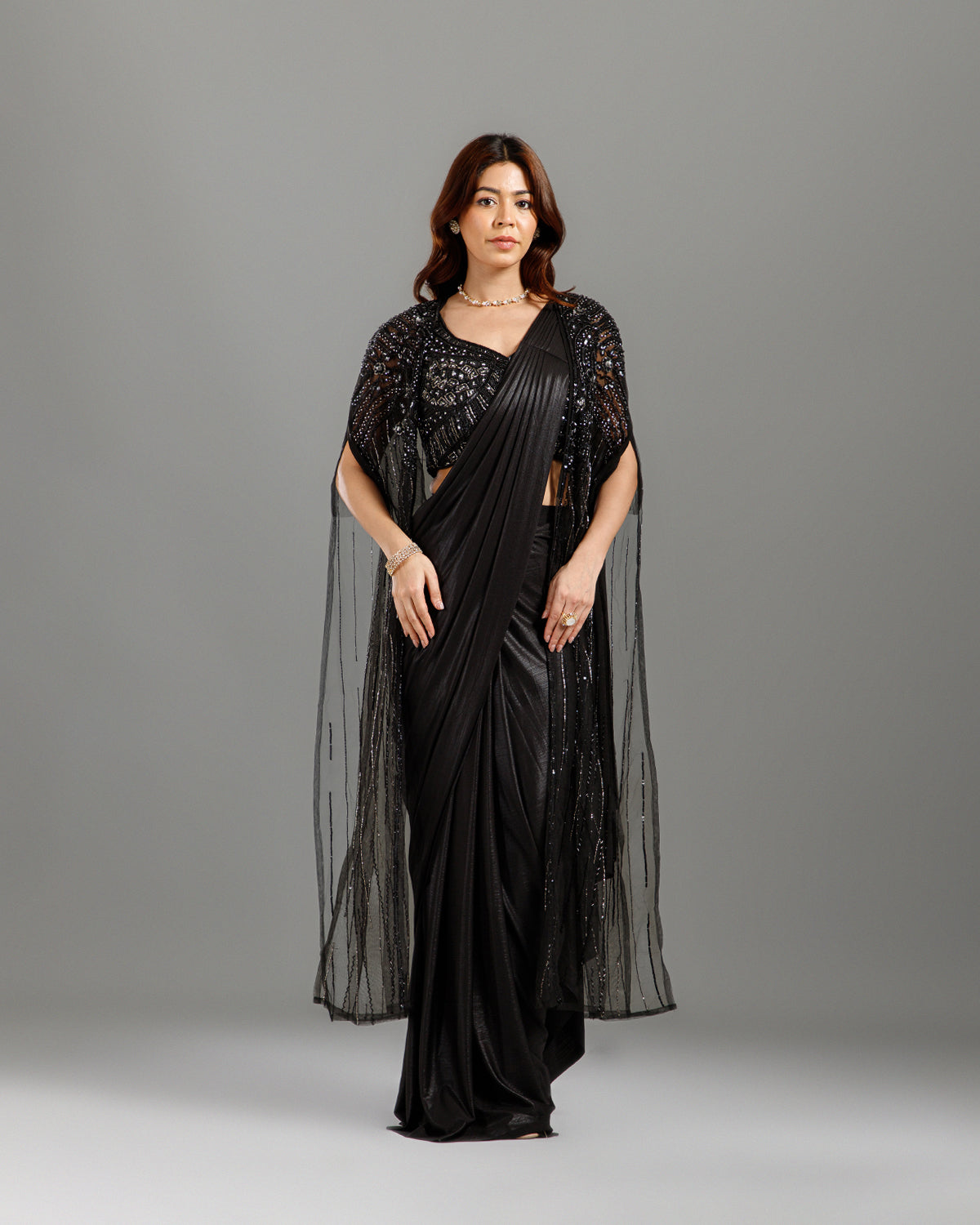 Black Lycra Drape Saree with Hand Work - House of Surya