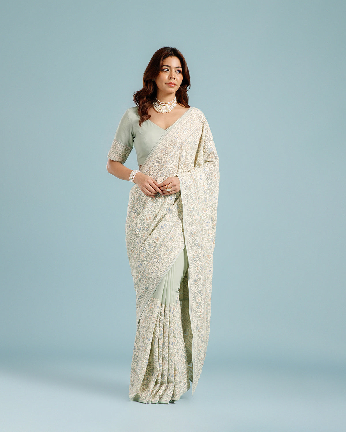 Elegant Pista Green Georgette Saree with Resham & Sequin Detailing - House of Surya