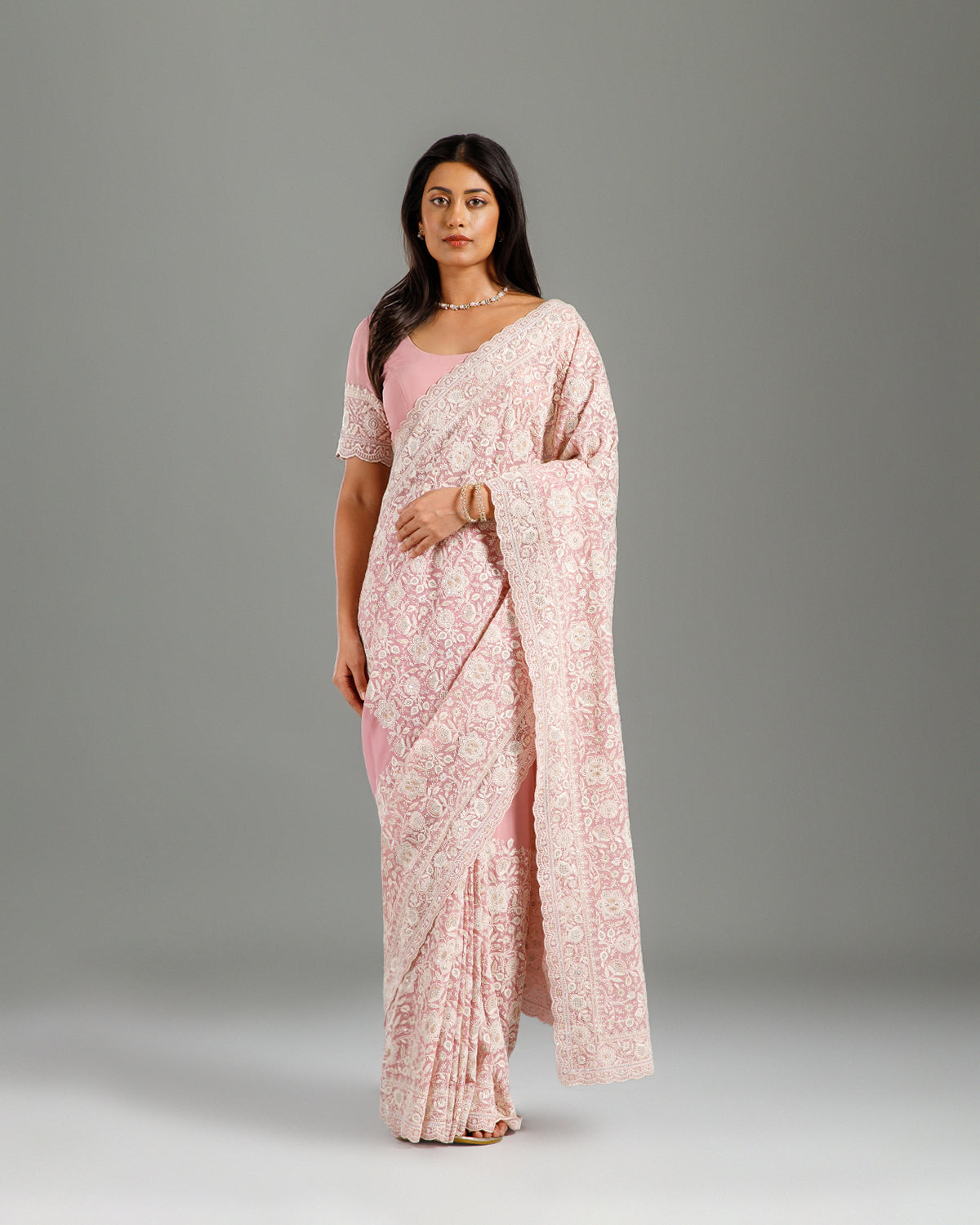 Pink Georgette Lucknowi Saree with Resham & Sequence Work